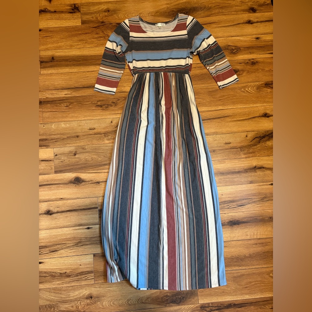 DownEast Striped Maxi Dress in Blue, Rust, Cream, Gray, Black